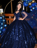 Shiny Royal Blue Ball Gown Off the Shoulder Sequin Sweet 16 Dress Party Gowns Quinceanera Dresses HZ1023