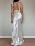 Simple A Line V Neck Ivory Satin Lace Long Open Back Prom Dress Evening Dress HZ1023