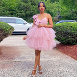 Pink Sweet Short Prom Dresses Sleeveless Ruffles Tulle Short Party Dresses HZ1023