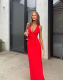 Red V Neck Long Sheath Evening Dress Satin Party Prom Dress HZ1023