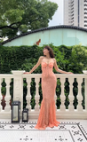 Elegant Mermaid Spaghetti Strap Orange Lace Long Prom Dress HZ1023