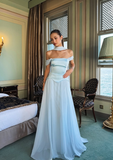 Elegant Baby Blue A Line Off the Shoulder Chiffon Satin Prom Dress Evening Dress Formal Dress HZ1023