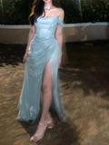 Baby Blue A Line Off the Shoulder Sequin Satin Long Prom Dress Graduation Prom Dress HZ1023