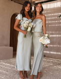 Simple A Line Sage Green Satin Evening Dress Bridesmaid Dress HZ1023