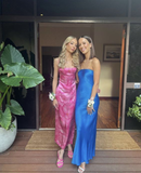 Spaghetti Straps Floral Pink Long Prom Dress Sexy Backless Party Dress HZ1023