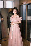Elegant A Line Off the Shoulder Pink Tulle Long Party Dress Wedding Guest Dress HZ1023