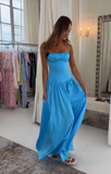 Blue Simple A Line Spaghetti Strap Satin Long Prom Dress 16th Birthday Dress HZ1023