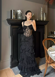 Sexy Black Sheath Straps Lace Chiffon Long Prom Dress Evening Dress HZ1023