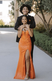 Orange V Neck Slit Prom Dress Long Evening Dress HZ1023