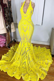 Yellow Sexy Halter V-Neck Mermaid Prom Dress HZ1023