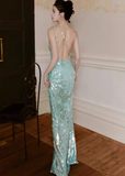 Shiny Blue Sequin One Shoulder Rhinestone Prom Dress Evening Dress Open Back HZ1023