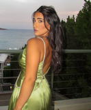 Sexy A Line V Neck Beaded Green Satin Open Back Long Party Dress Evening Dress HZ1023