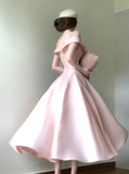 Princess Pink A Line Off the Shoulder Satin Long Party Dress Evening Dress HZ1023