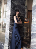 Navy Blue A Line Halter Bow Satin Open Back Prom Dress Evening Dress HZ1023