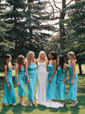 Stunning Sheath Strapless Blue Satin Bridesmaid Dress Evening Dress HZ1023