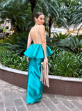 Elegant Sheath Spaghetti Strap Blue Satin Open Back Prom Dress Evening Dress HZ1023