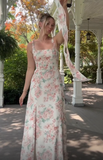 Chic Chiffon Print Floral A Line Slit Long Prom Dress With Bow Straps HZ1023