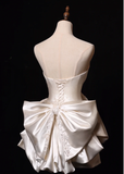 Bow Ivory A Line Sweetheart Neck Lace Satin Mini Homecoming Dress Cocktail Dress HZ1023