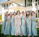 Gentle A Line Off the Shoulder Green Chiffon Bridesmaid Dress Evening Dress HZ1023