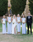 Elegant Sheath Halter Baby Blue Satin Bridesmaid Dress Evening Dress HZ1023