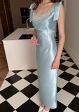 Blue Sheath Bow Straps Rhinestone Satin Long Prom Dress Wedding Guest Dress HZ1023