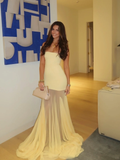 Simple Yellow Mermaid Strapless Satin Chiffon Prom Dress Evening Dress HZ1023