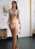 Exquisite Rhinestone Champagne Mermaid Sweetheart Neck Black Tulle Long Evening Dress Gown Dress HZ1023