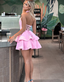 Pink A Line Halter Layered Pink Satin Open Back Short Homecoming Dress Cocktail Dress HZ1023