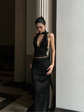 Sexy Two Piece Sheath Halter Black Sequin Satin Prom Dress Evening Dress Formal Gown HZ1023