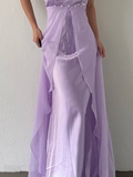 Lilac A Line Spaghetti Strap Satin Tulle Long Prom Dress Evening Dress HZ1023