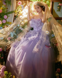 Purple Pretty Ball Gown Strapless Floral Tulle Prom Dress 16th Birthday Dress HZ1023