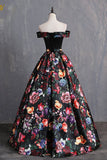 Black Floral Satin Off Shoulder Strapless Long Formal Prom Dress, Evening Dress HZ1023
