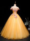Yellow Tulle Off Shoulder Long Custom Size Senior Prom Dress, Evening Dress HZ1023