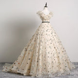 Pretty Champagne Floral Tulle V Neck Floor Length Customize Prom Dress, Formal Dress HZ1023