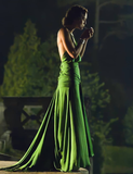 Classic A Line Spaghetti Strap Green Satin Long Prom Dress Evening Dress HZ1023