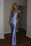 Simple Sheath Off the Shoulder Blue Satin Open Back Prom Dress Evening Dress HZ1023