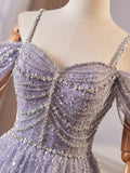 A Line Off the Shoulder Sequin Rhinestones Tulle Long Prom Dress Evening Dress HZ1023