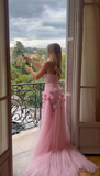 Charming Pink Strapless High Slit Flower Prom Dress HZ1023