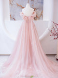 Pink tulle lace beads long prom dress, pink A line evening dress HZ1023