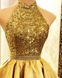 Gold High Low Sequin Organza Prom Dresses Halter Backless Formal Evening Party Gown Dress Robe De Soiree HZ1023