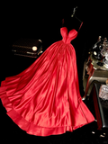 Simple A Line Sweetheart Neck Red Satin Long Prom Dress Evening Dress HZ1023