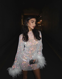 Sexy Sheath Long Sleeve Feather Sequin Short Party Dress Homecoming Dress HZ1023