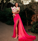 Pink Sheath Strapless Sequin Satin Long Prom Dress Graduation Prom Dress with Slit HZ1023