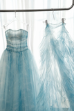 Gorgeous A Line Strapless Beaded Blue Tulle Long Party Dress Evening Dress HZ1023