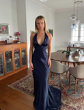 Navy Blue Sheath V Neck Satin Open Back Long Sweep Prom Dress Graduation Prom Dress HZ1023