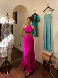 Vintage Mermaid Halter Beaded Sequin Pink Satin Long Open Back Party Dress Cocktail Dress HZ1023