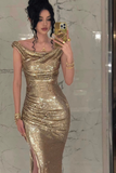 Shiny Mermaid Gold Sequin Long Prom Dress Cocktail Dress with Slit HZ1023