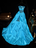Charming A Line Strapless Blue Sequin Satin Long Prom Dress Evening Dress HZ1023