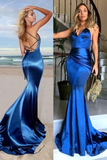 Charming Satin V Neck Backless Long Mermaid Prom Dresses HZ1023