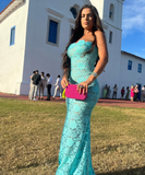 Blue Sheath Strapless Exquisite Lace Party Dress Evening Dress Prom Dress HZ1023